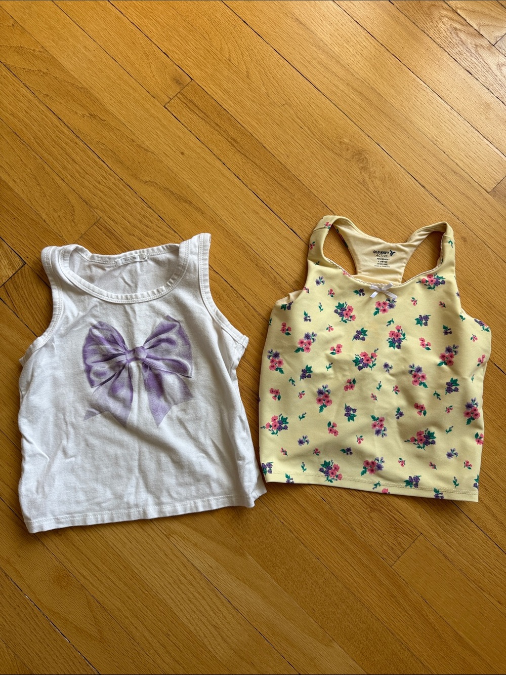Full Tilt Yellow Floral Racerback Tank Top with White Bow Graphic Tank